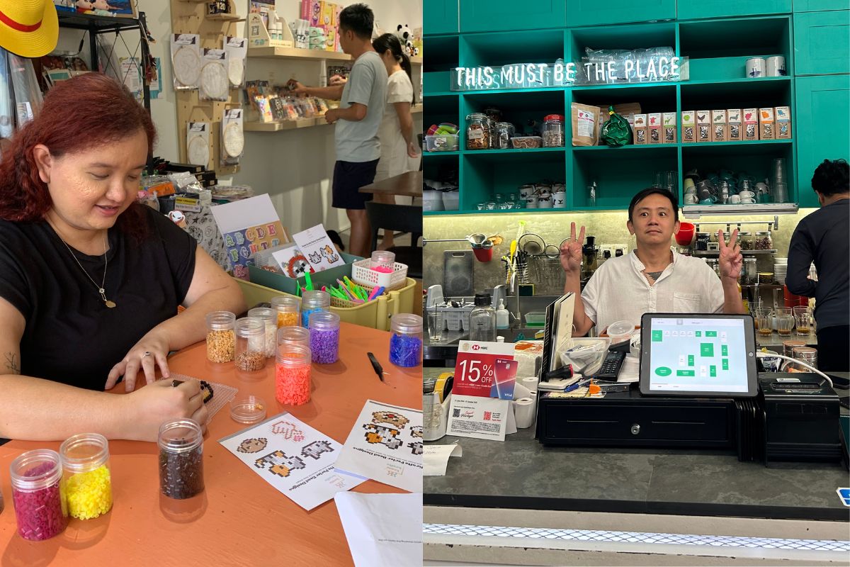 Stephanie, founder of Kozie Krafts, doing crafts | Ken Ho, founder of Merchant's Lane with the StoreHub POS system